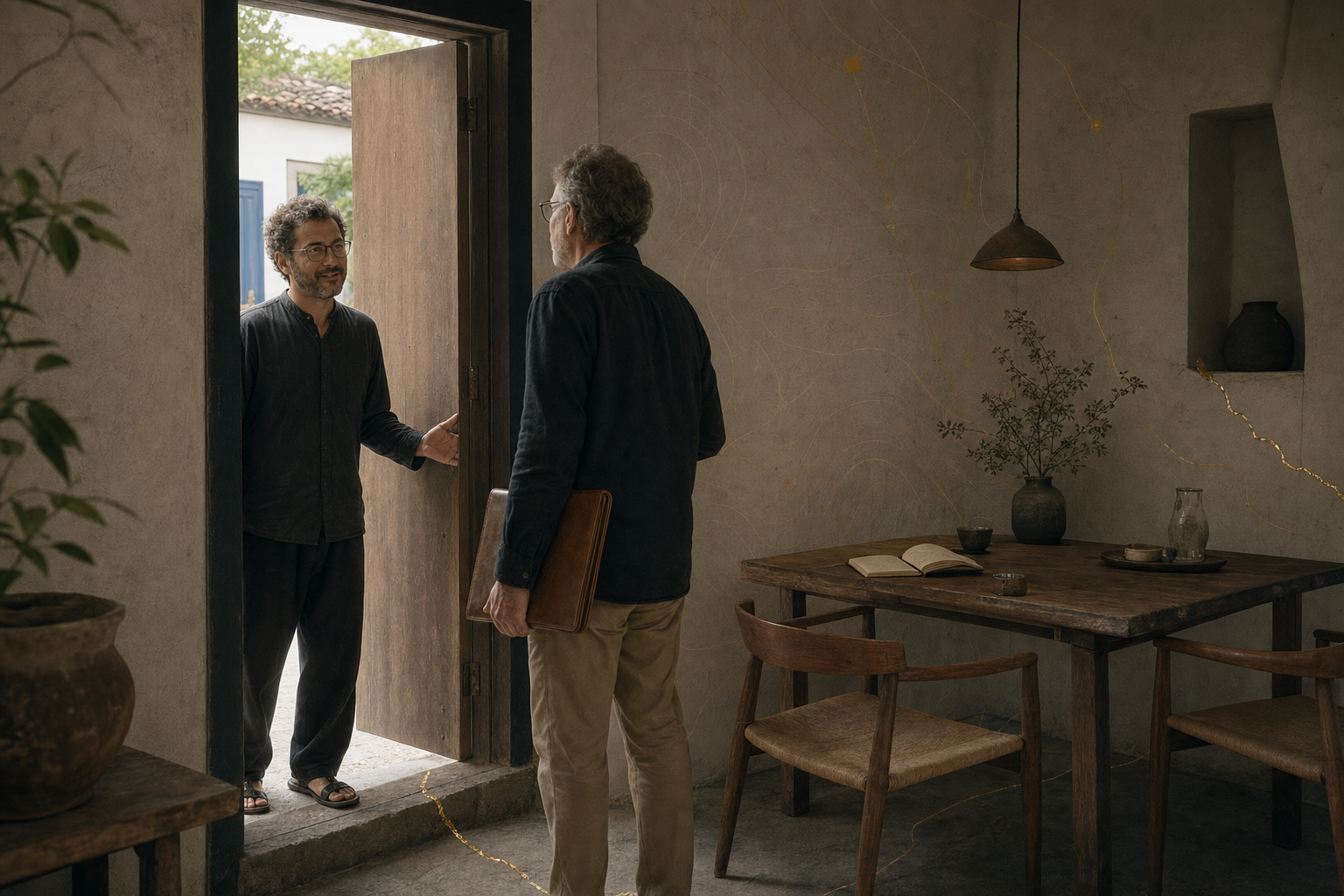 Anfitrião recebe um especialista numa pousada-ateliê com uma mesa preparada para conversa