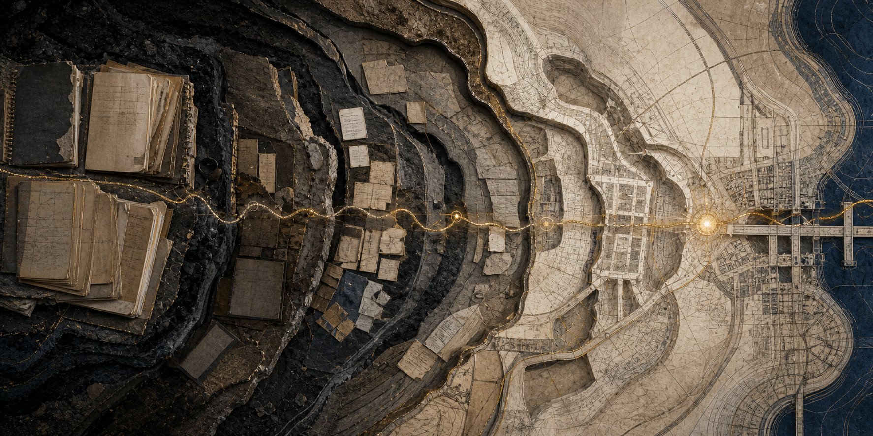 Cadernos e arquivos de vinte anos se transformam em ruas e conexões cartográficas