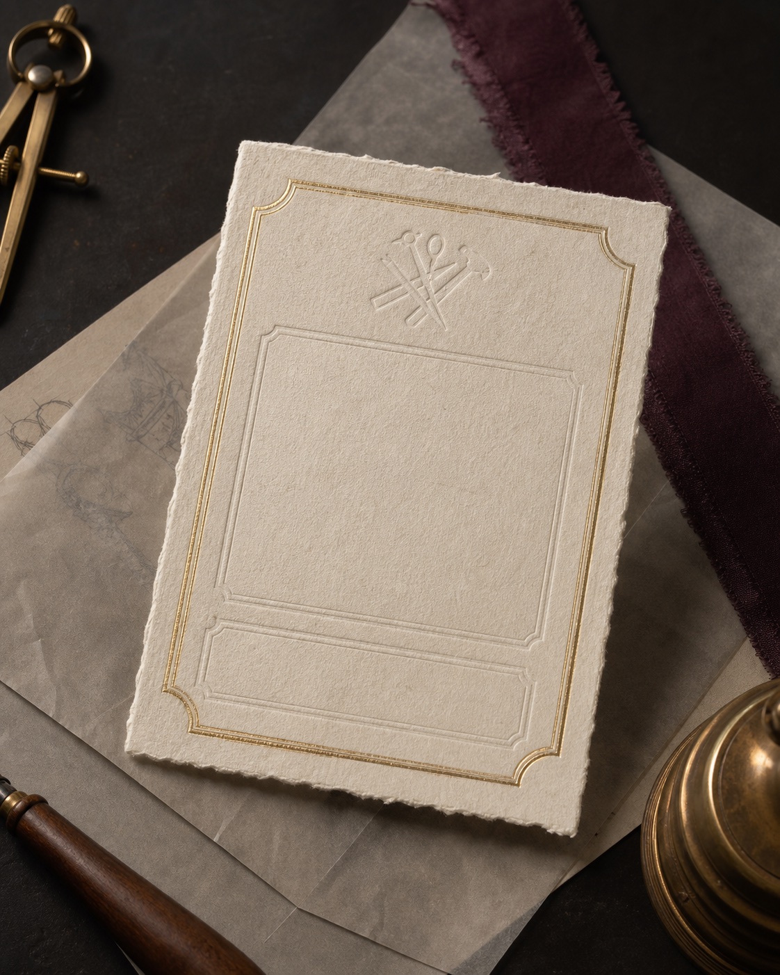 Bilhete premium em papel escuro com detalhes dourados, sem texto